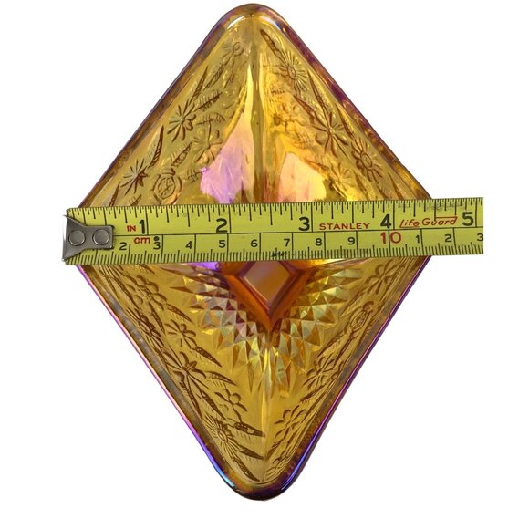 Vintage Iridescent Gold Carnival Glass Diamond Shaped Footed Candy Dish Floral - Picture 8 of 16